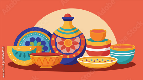 The plates themselves are a testament to the cultural fusion with a blend of colorful pottery and modern ceramic dishes.. Vector illustration
