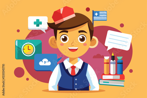 A cheerful cartoon character representing a translator surrounded by tools for language and communication, Translator Customizable Cartoon Illustration