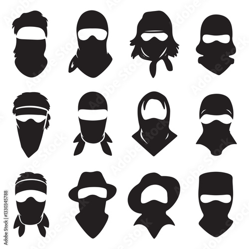 Mask of criminal bandits for hiding face black monochrome silhouette set vector flat set of Cowboy head covered by a bandana in gangster style vector  Gangster masks
