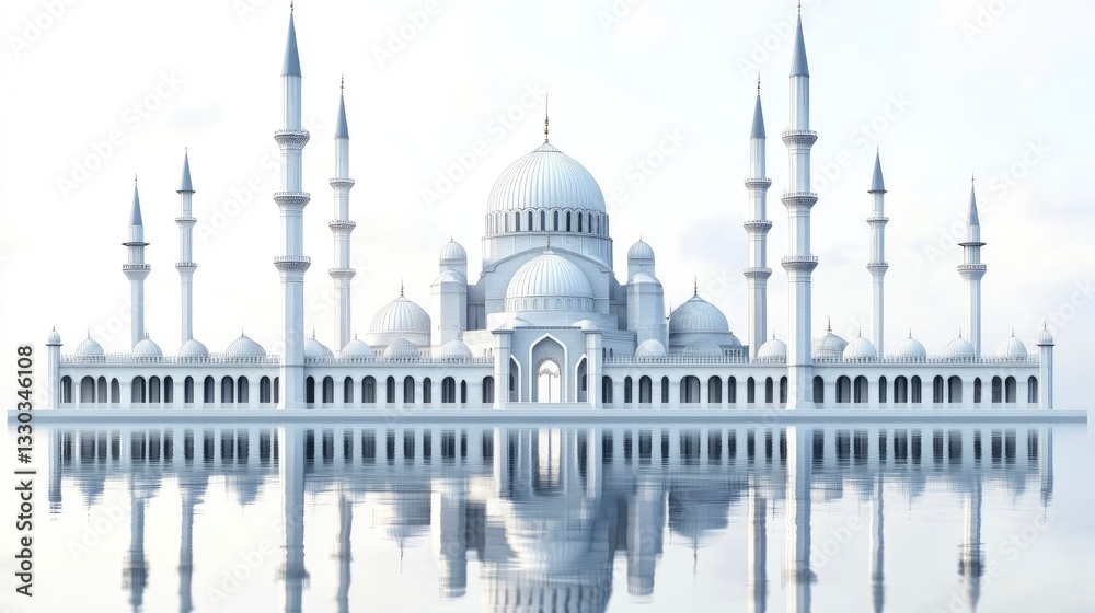 Obraz premium Reflecting White Mosque Architecture with Minarets and Domes on Water