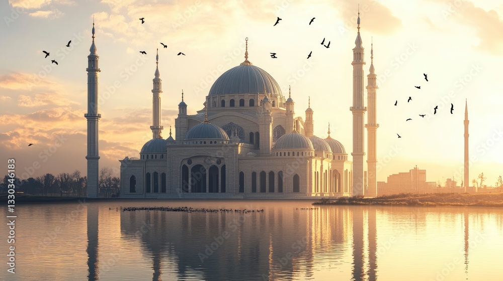 Obraz premium Magnificent Mosque Reflected in Water at Sunrise with Birds Flying Around