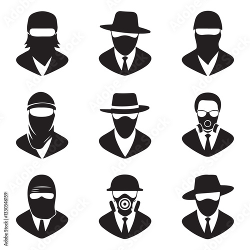 Mask of criminal bandits for hiding face black monochrome silhouette set vector flat set of Cowboy head covered by a bandana in gangster style vector  Gangster masks