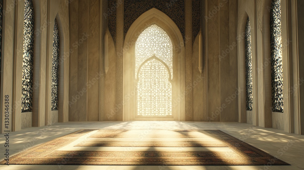 Obraz premium Interior of Mosque with Sunlight Shining Through Ornate Windows and Carpet