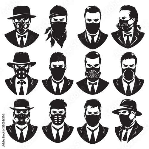 Mask of criminal bandits for hiding face black monochrome silhouette set vector flat set of Cowboy head covered by a bandana in gangster style vector  Gangster masks