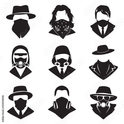 Mask of criminal bandits for hiding face black monochrome silhouette set vector flat set of Cowboy head covered by a bandana in gangster style vector  Gangster masks