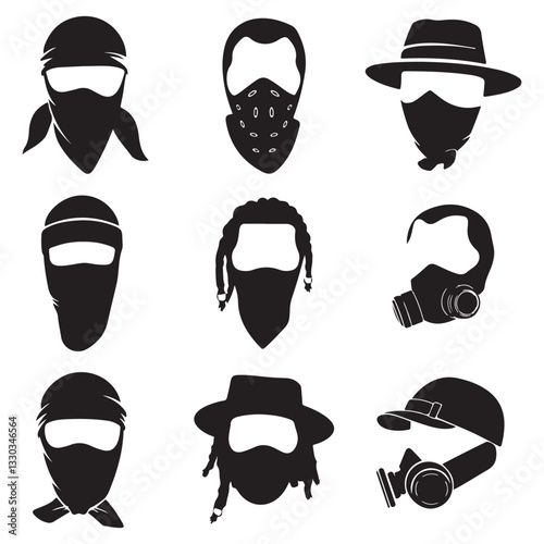 Mask of criminal bandits for hiding face black monochrome silhouette set vector flat set of Cowboy head covered by a bandana in gangster style vector  Gangster masks