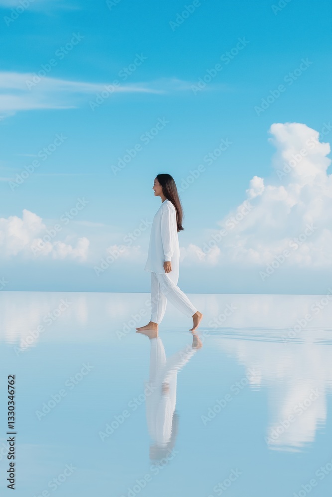 A woman is walking on a beach with the ocean in the background. The sky is blue and the clouds are white. The woman is wearing a white shirt and white pants A woman is walking on a beach with the ocean in the background. The sky is blue and the clouds are white. The woman is wearing a white shirt and white pants