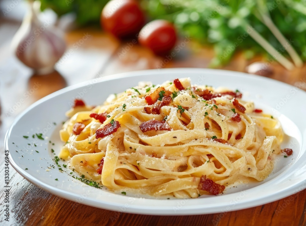 Serving of Carbonara Pasta with Bacon and Cheese on White Plate Serving of Carbonara Pasta with Bacon and Cheese on White Plate