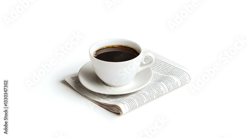 Cup of coffee with newspaper on white