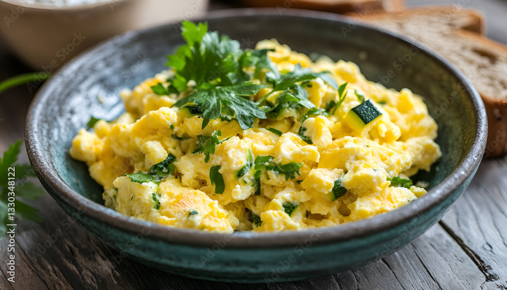 Scrambled eggs with zucchini and rye bread Scrambled eggs with zucchini and rye bread