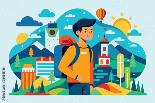 A traveler with a backpack smiles while surrounded by colorful mountains and scenic landmarks under a sunny sky, travel
