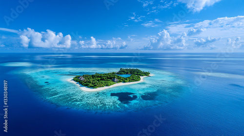 Stunning tropical island paradise with lush greenery and azure ocean sky blue sand reef view beach