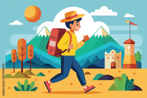 A hiker with a backpack strolls through a colorful mountain terrain, enjoying a bright sunny day, travel