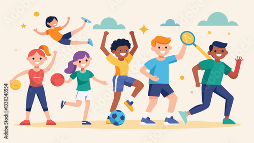 A sportsthemed fitness class that mixes traditional exercises with games and challenges for all ages strengthening both physical and social skills.. Vector illustration