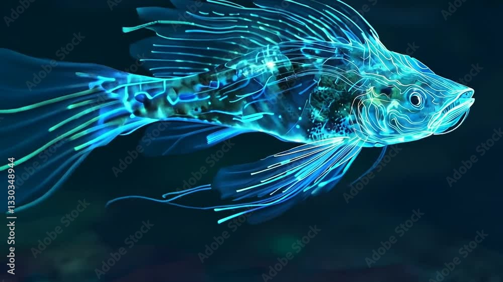 Leuchtender Fisch mit blauen Energiestrahlen im Wasser
