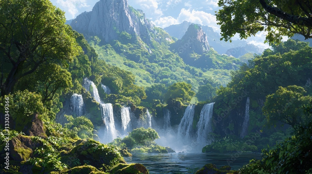 Naklejka premium Multiple waterfalls pour into a tranquil body of water, surrounded by dense greenery and towering mountains. Sunlight filters through the trees, enhancing the peaceful atmosphere