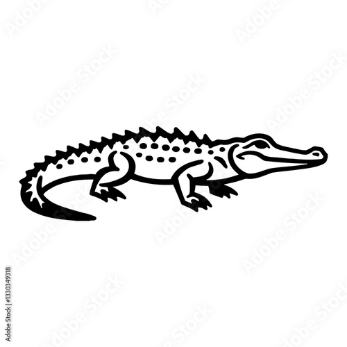 Minimalist Full Body Crocodile in Simple Outline Line Art Drawing Black and White Vector Reptile