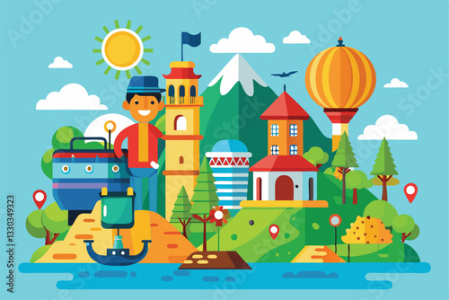 Vibrant cartoon graphics showcase a traveler among mountains, buildings, and hot air balloons, encouraging exploration, Travel and tourism, Cartoon flat vector illustration