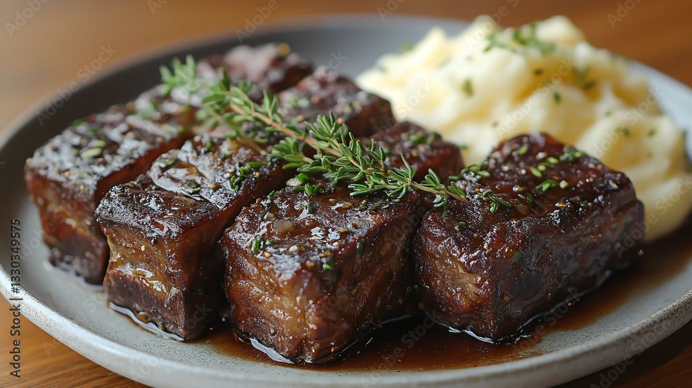 Grilled steak cut into slices and seasoned with rosemary Grilled steak cut into slices and seasoned with rosemary