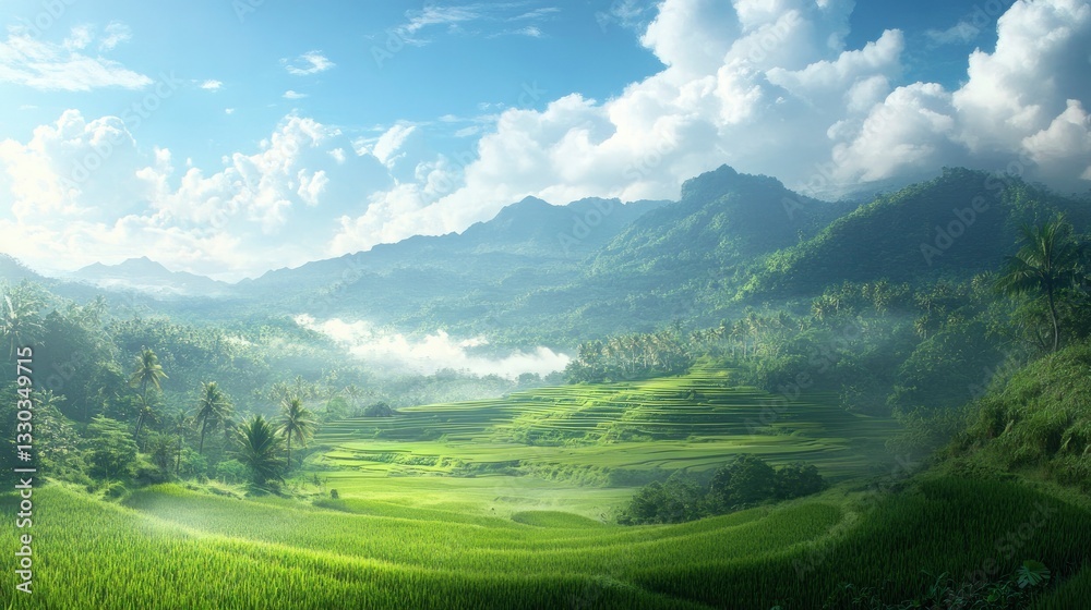 Obraz premium Exploring Lush Green Rice Terraces with Mountain Views in Southeast Asia