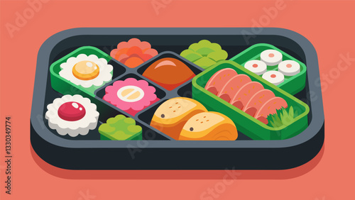 A visually appealing bento box b with contrasting flavors such as y tuna rolls sweet tamagoyaki and tangy pickled vegetables.. Vector illustration