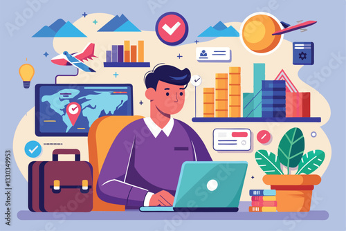 A data analyst focuses on travel trends using charts and a laptop in a contemporary workspace, Travel business data analyst trending