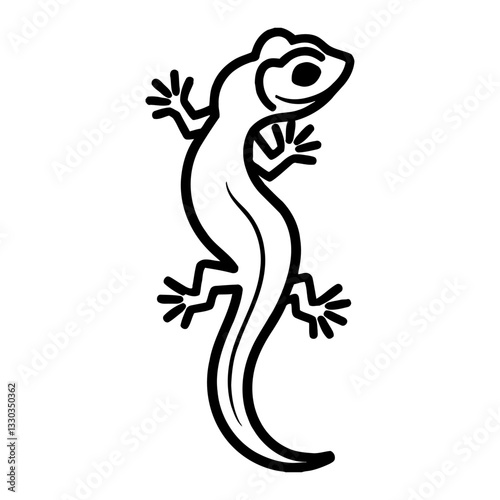 Minimalist Gecko Mascot Full Body View Funny Smile Black and White Outline Line Art Drawing