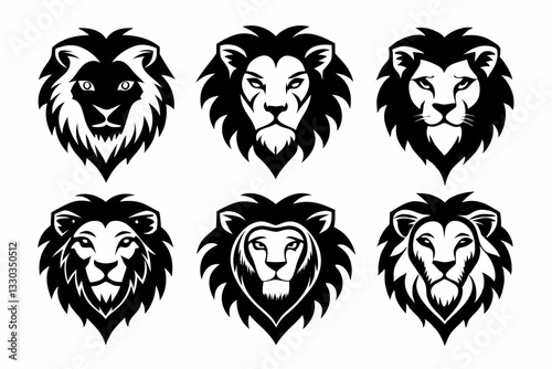 lion face icon set line art silhouette vector illustration