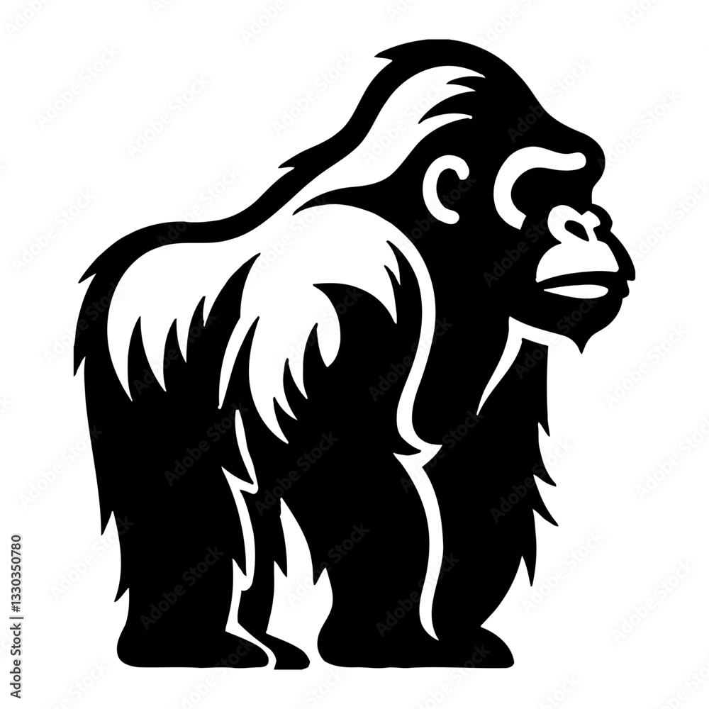 Minimalist Full Body Gorilla Silhouette Standing Tall in Black and White Outline Line Art Drawing Minimalist Full Body Gorilla Silhouette Standing Tall in Black and White Outline Line Art Drawing