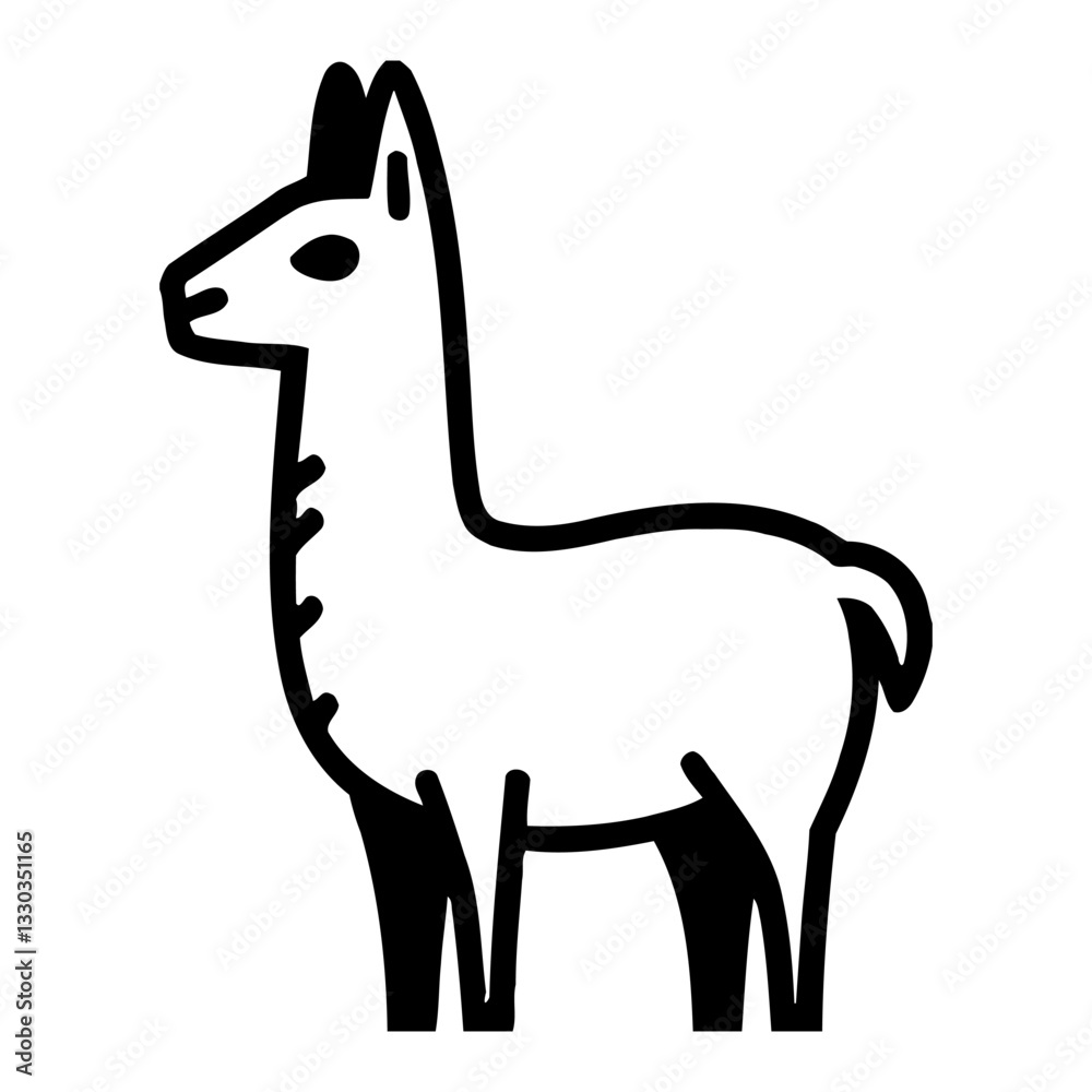 Fototapeta premium Minimalist Full Body Llama Standing Simple Outline Line Art Drawing in Black and White Style Design