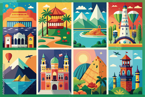 A colorful collection of travel destination posters showcasing iconic landmarks, natural beauty, and adventure, Travel Destination Posters set,