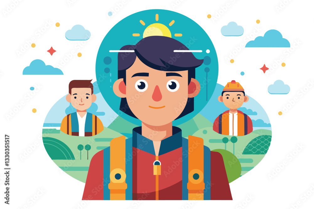A traveler enjoys a customizable adventure surrounded by diverse landscapes and cheerful companions, Traveling Customizable Disproportionate Illustration A traveler enjoys a customizable adventure surrounded by diverse landscapes and cheerful companions, Traveling Customizable Disproportionate Illustration