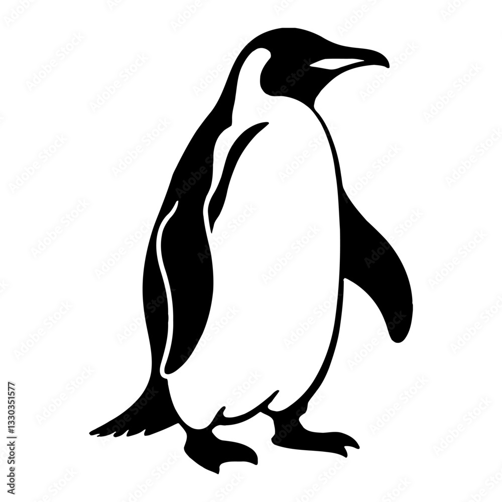 Fototapeta premium Minimalist Penguin Standing Pose Black and White Outline Line Art Drawing Full Body Illustration