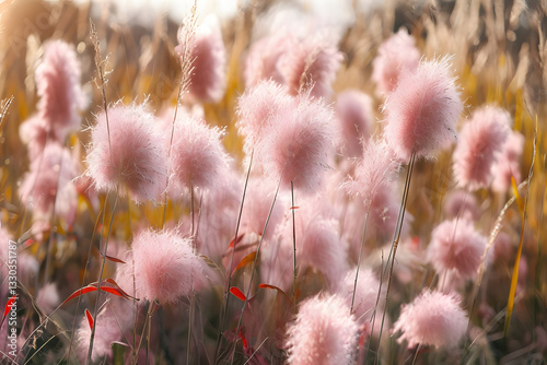 pink flowers in the wind, Close-Up Of Fluffy Pink Grasses In Natural Light