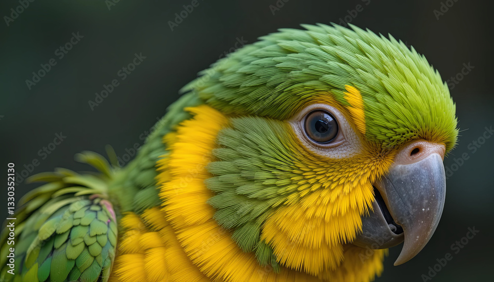 Fototapeta premium A vivid parrot displays its striking green and yellow feathers while sitting in a rich, tropical setting. Sunlight highlights its intricate plumage, showcasing its beauty