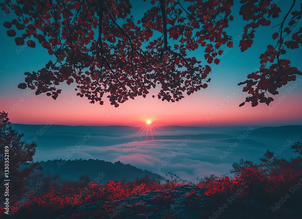 Sunrise Over Misty Valley with Red Foliage and Dramatic Sky Sunrise Over Misty Valley with Red Foliage and Dramatic Sky