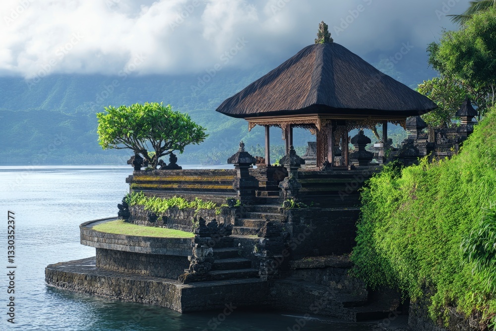 Obraz premium Visiting Traditional Balinese Temple on the Lake with Cloudy Mountain Backdrop