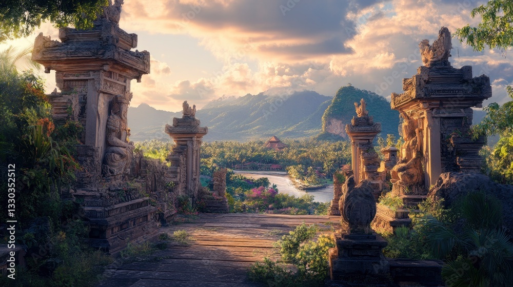 Fototapeta premium Exploring Ancient Temple Ruins Overlooking Tropical Landscape at Sunset