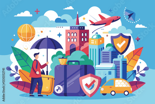 A traveler evaluates personalized insurance plans while planning an adventure, emphasizing safety, Travel insurance Customizable Disproportionate Illustration