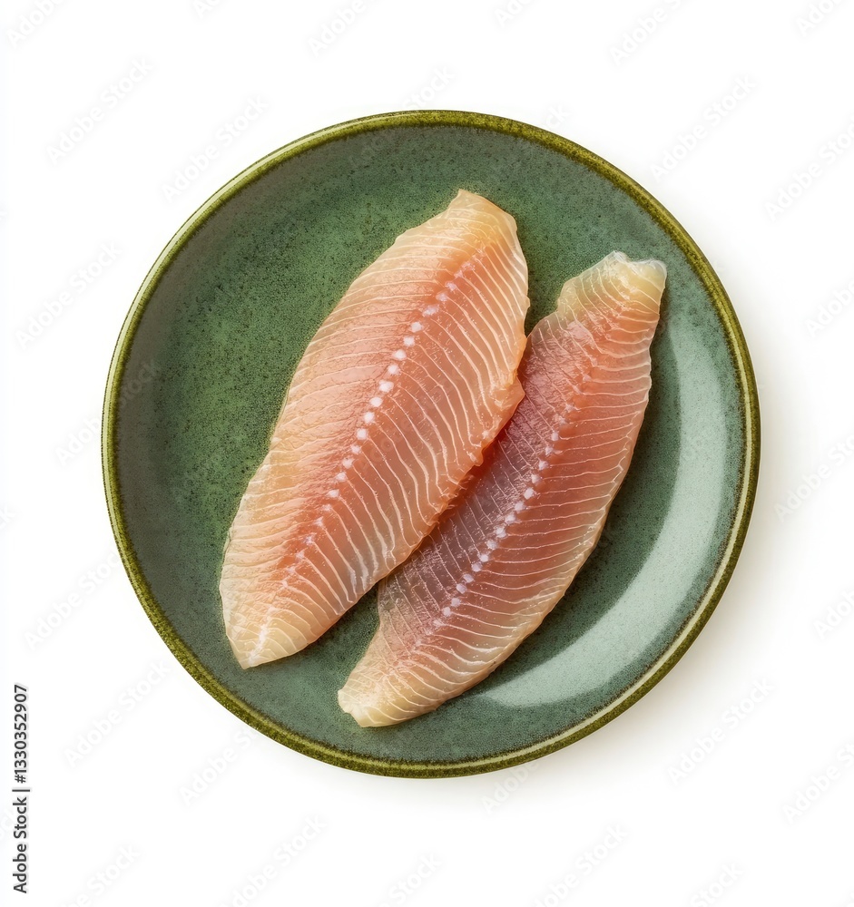 Two Raw Tilapia Fish Fillets on Green Plate for Healthy Meal Two Raw Tilapia Fish Fillets on Green Plate for Healthy Meal
