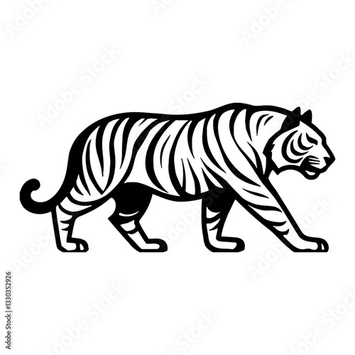 Full Body Tiger Walking Side View Minimalist Line Art Logo Style in Black and White Outline Line Art Drawing