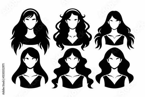 woman long hair icon set line art silhouette vector illustration