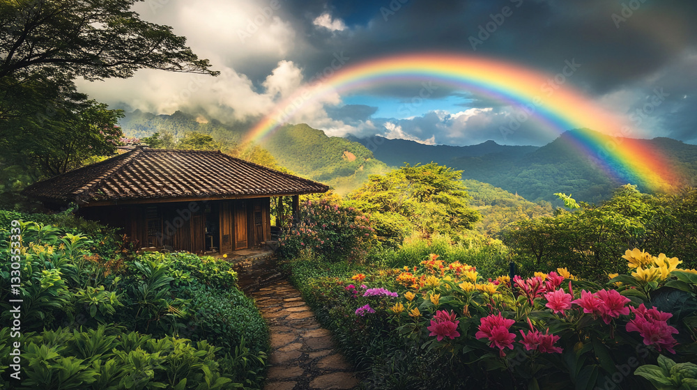 Fototapeta premium Serene mountain cabin landscape with vibrant flowers and a rainbow sky path view house trees green