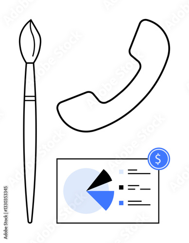 Paintbrush, classic phone receiver, and pie chart icon with currency symbol. Ideal for creativity, communication, finance, business, planning analysis entrepreneurship. Flat simple metaphor