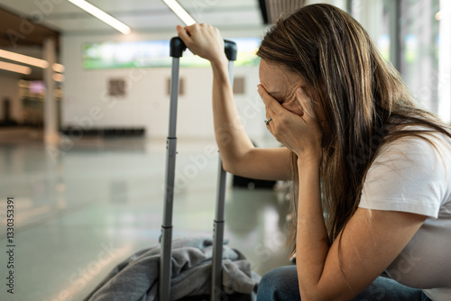 Canvas Print Stressed tired traveler at airport, missed flight, delayed