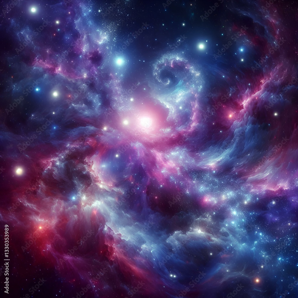 Fototapeta premium The depths of space - a fascinating panorama of a distant galaxy strewn with billions of stars. Bright nebulae shimmer with purple, blue and pink hues. Space is filled with mysterious energy.