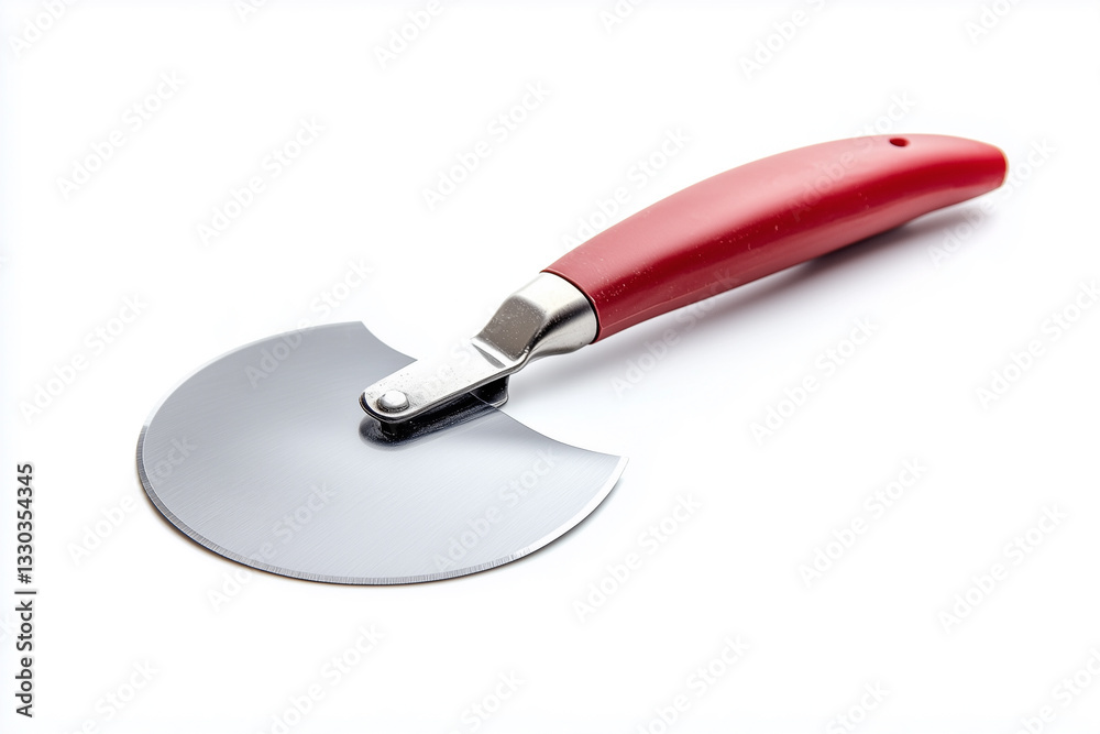 Close-up of a pizza cutter made of metal and wood on its handle, on a white background
