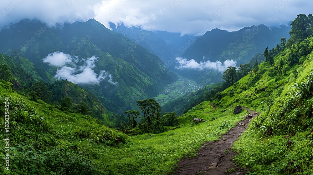 Obraz premium Lush green mountain valley path.