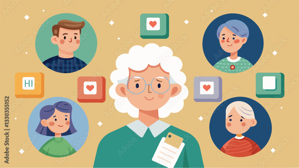 A game of name association where seniors are shown images and prompted to recall specific names or details.. Vector illustration A game of name association where seniors are shown images and prompted to recall specific names or details.. Vector illustration