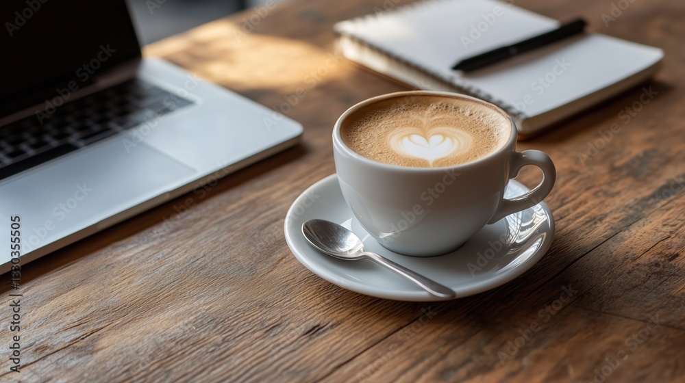 Coffee cup with heart design on wooden table beside laptop and notepad in a cozy workspace during morning hours Coffee cup with heart design on wooden table beside laptop and notepad in a cozy workspace during morning hours